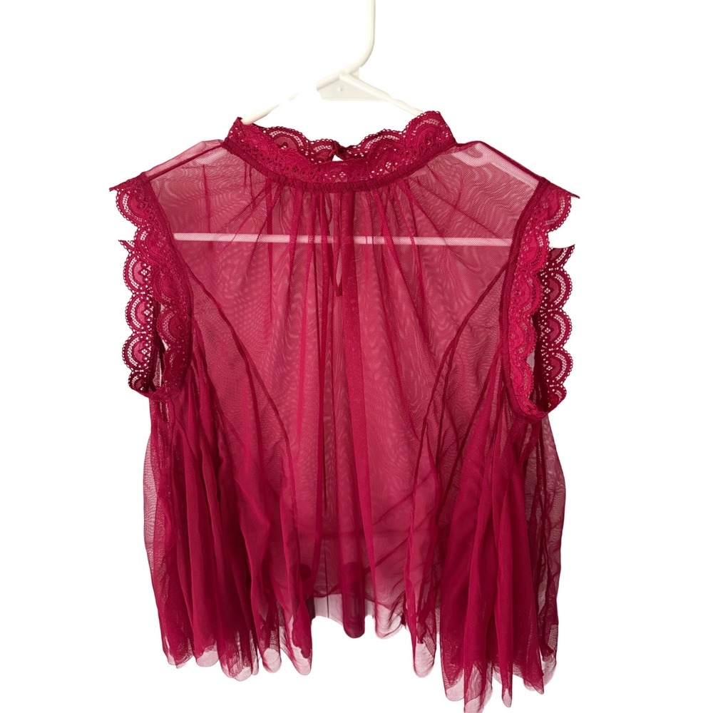 In Loom Mesh Lace Blouse Womens Small Burgundy Excellent Sheer Mock Neck IL5659